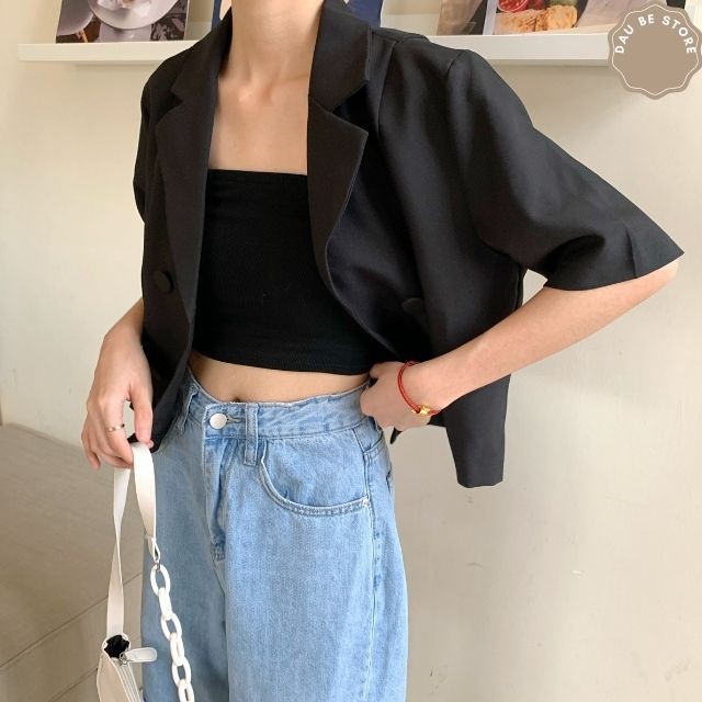 Áo Blazer Croptop Ngắn Tay Dáng Suông - Vest Màu Trơn Kèm Yếm Dáng Rộng Chất Mát  - Daube - A027 | BigBuy360 - bigbuy360.vn