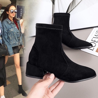 Boots combat/Boots cổ ngắn nữ, đế vừa, gót thô, màu đen, chất nhung, lót bông, dễ kết hợp, phù hợp cho mùa đông