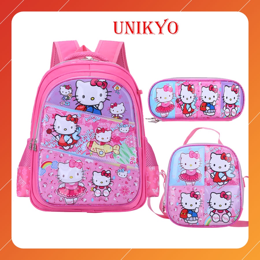 Balo cặp đi học trẻ em hoạt hình Kitty kèm túi học thêm và hộp bút bộ 3 ba lô học sinh tiểu học cho bé gái Unikyo UN40