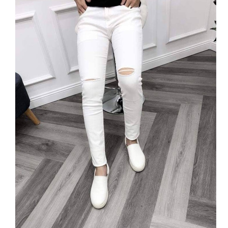 Quần Jean Dài Nam Trắng Rách Gối Chất Dày Dặn Co giãn Bốn Chiều Cầm Nặng Tay 303