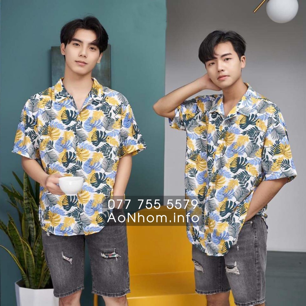 Áo Sơ Mi Hawaii Đi Biển Mềm Mát - Lá Đỏ Vàng - Áo Đôi Đồng Phục Nhóm Lớp Team Building Hoạ Tiết Hoa Lá Trái Cây