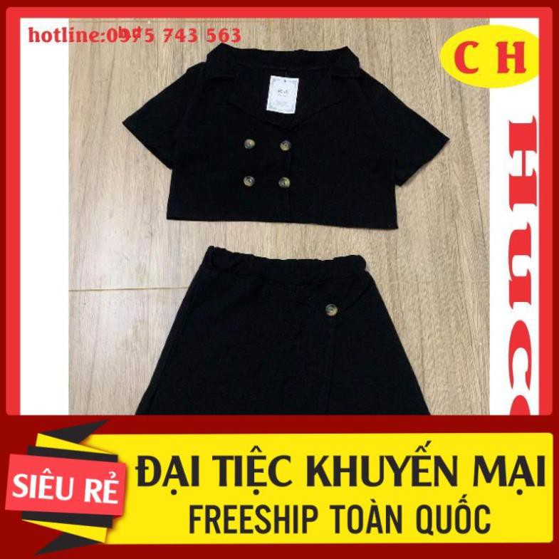 sét váy vest đũi, áo croptop ngắn tay cổ V có cúc + chân váy ngắn lệch, sét đồ nữ freesize giá rẻ kèm ảnh thật 👑