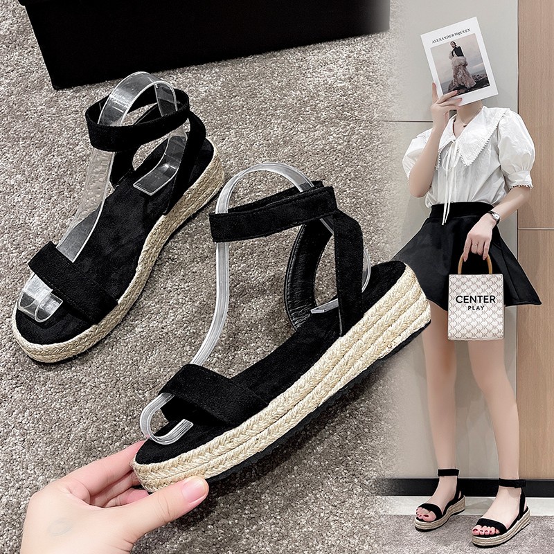 Giày Sandal Đế Phẳng Mùa Hè Một Mùa Hè Bằng Da Lộn Đế Dày Có Khóa Cài Dây Gai Dầu Nhẹ Nhàng Kích Thước Lớn Cho Nữ