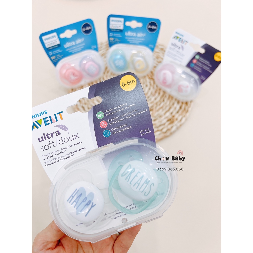 Ti giả Avent Ultra Air, Ultra Soft 0-6m chỉnh nha đầu dẹt ( Hộp 2c)