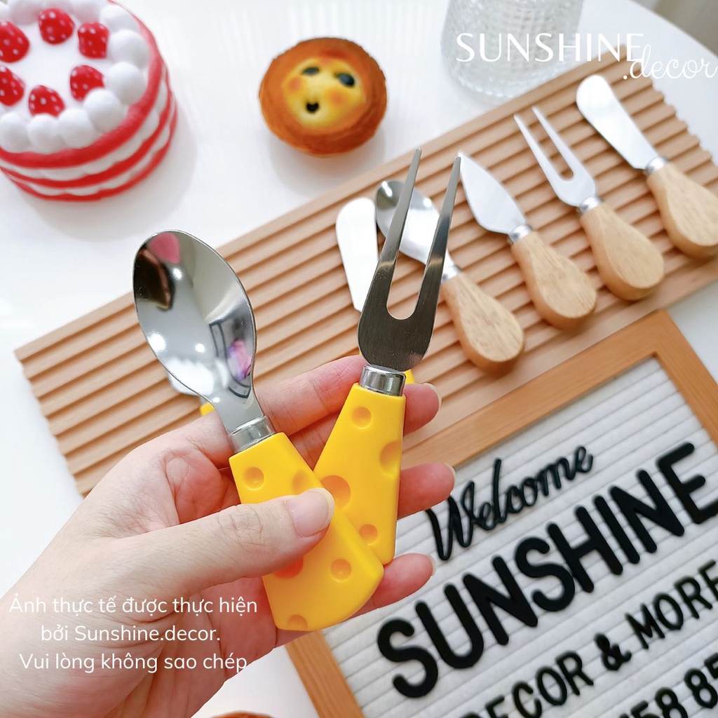 Set thìa, dao, dĩa hình phô mai và tay cầm gỗ siêu dễ thương ăn hoa quả, decor chụp ảnh