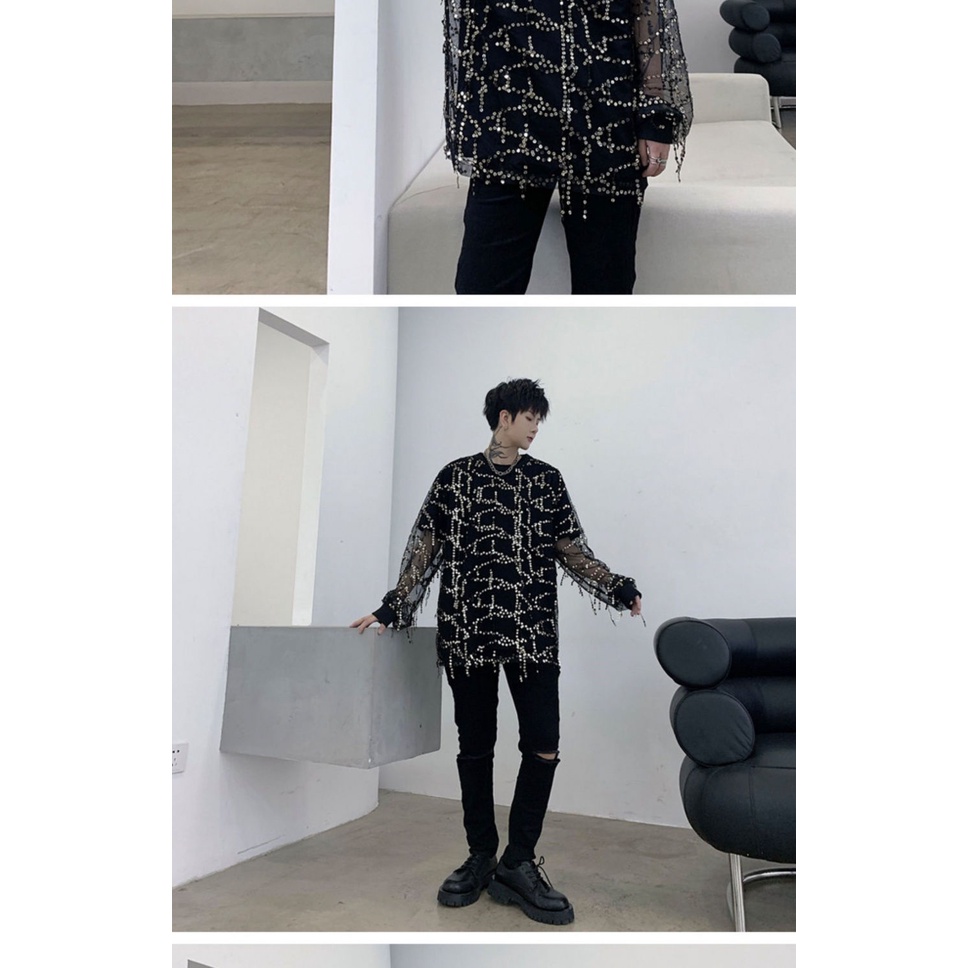 Áo Thun Nam Tay Dài Phối Lưới Mỏng Đính Kim Sa Nhìn Xuyên Thấu Phong Cách Đường Phố