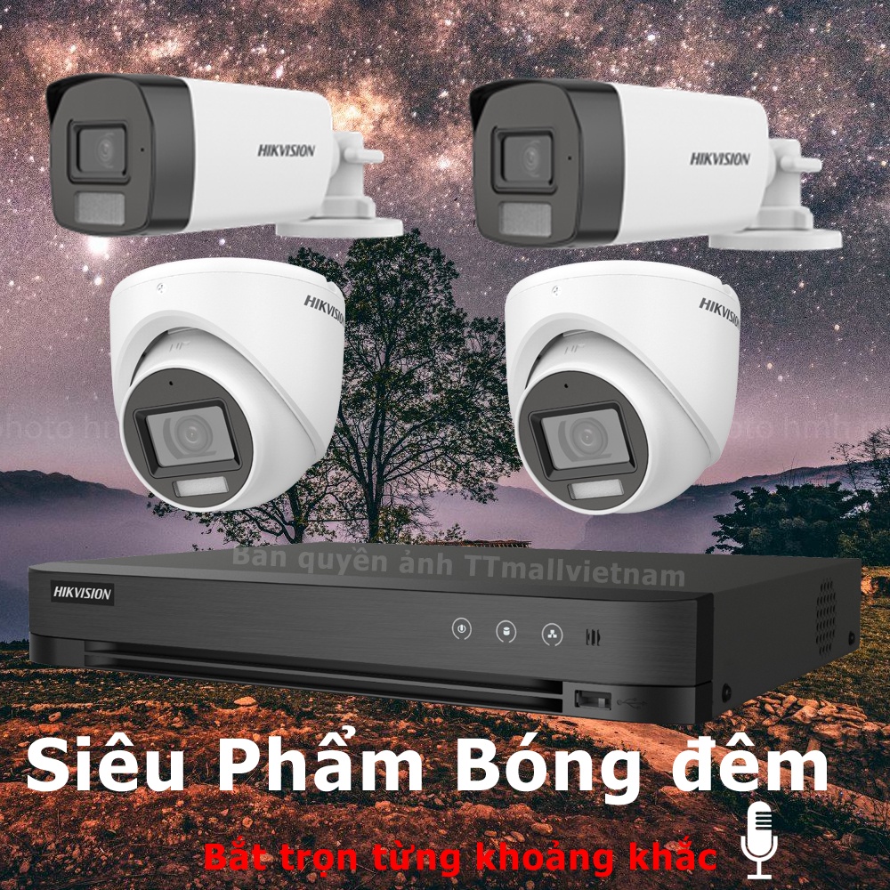 Trọn bộ 4 camera quan Sát hikvision 2.0M Full HD 1080p có mic thu âm và màu đêm +HDD 500G hàng chính hãng