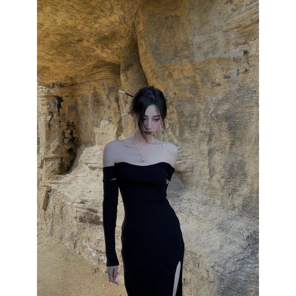 Đầm Body Sexy Trễ Vai Xẻ Tà Dáng Dài Màu Đen Phong Cách Hàn Quốc Váy Sang Chảnh Tiểu Thư
