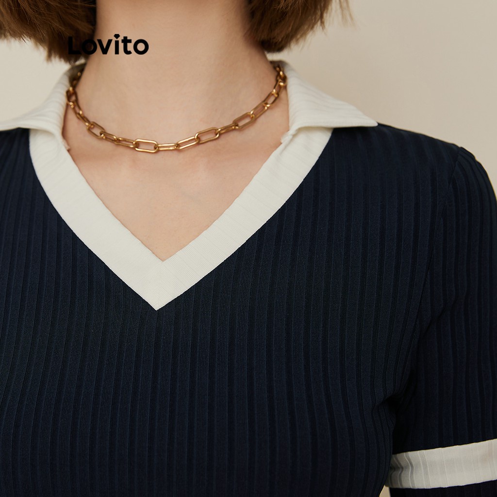 Áo thun Lovito có cổ chữ V phối đường viền tương phản màu trơn phong cách preppy L19D032 (Màu xanh lam)