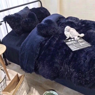 Bộ Chăn Ga Gối Nỉ Nhung Lông Cao Cấp Màu Xanh Than