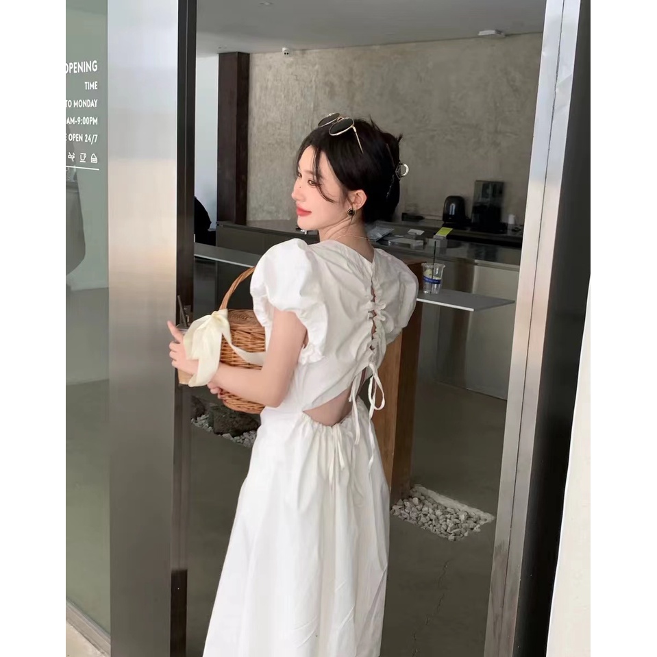 Đầm Hai Dây Dáng Dài Lưng Cao Màu Trơn Kiểu Retro Pháp Thời Trang Mùa Hè