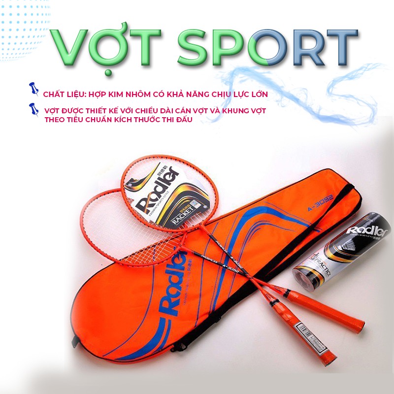 VỢT CẦU LÔNG 1 BỘ 2 VỢT Rodler kèm HỘP CẦU 6 QUẢ - Khung siêu bền, dây vợt căng