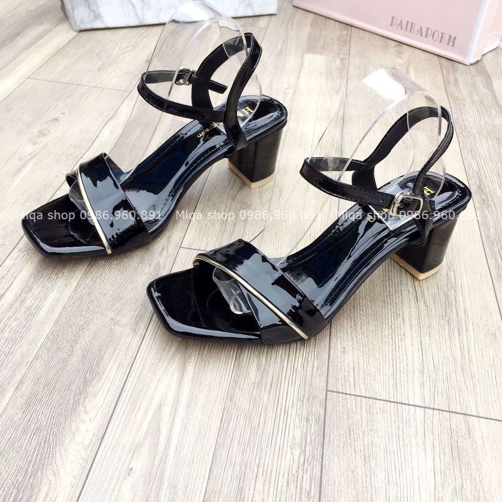 Sandal cao gót nữ gót vuông quai ngang da bóng siêu hot cao 5p - Sandal kiểu dáng cơ bản