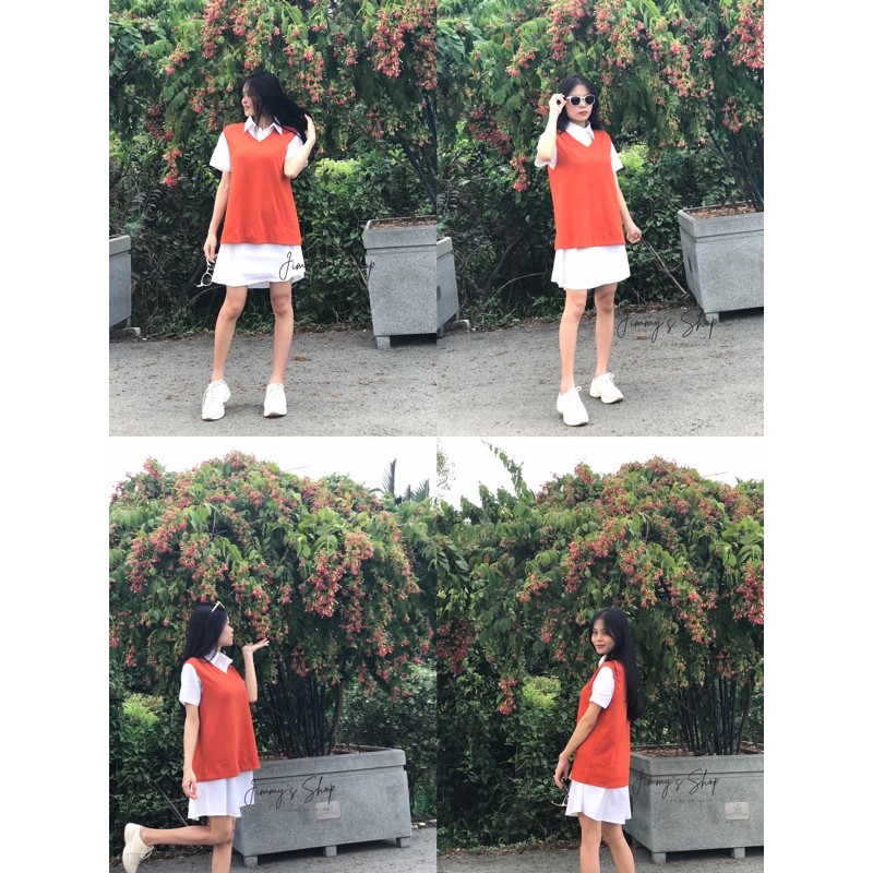 Sét Sơ Mi Giấu Quần Phối Áo Gile Cam - Freesize