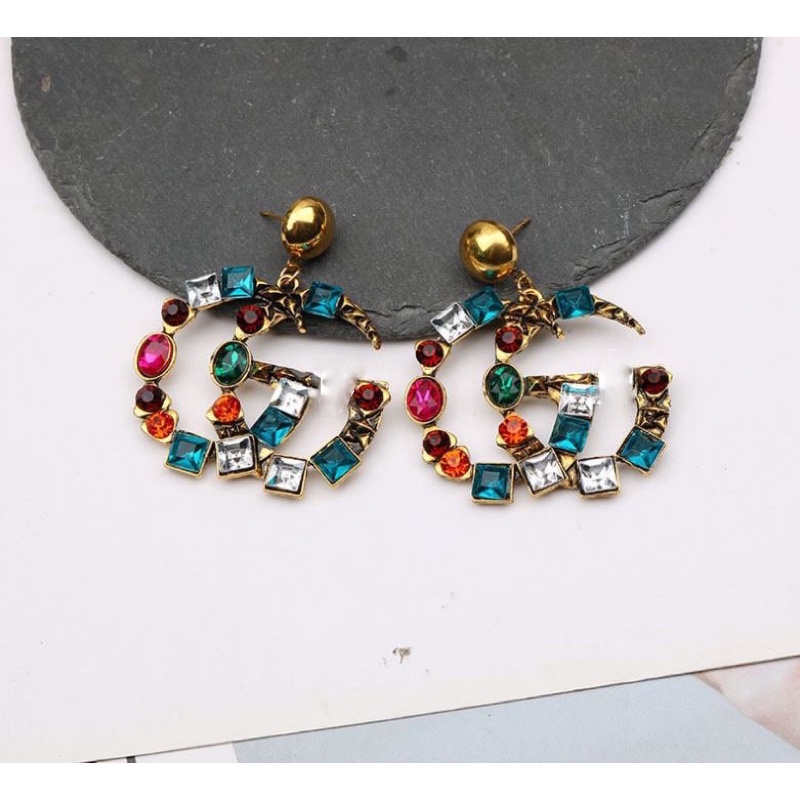 Khuyên tai chữ GC. đính đá nhiều màu cổ điển vintage - Maben