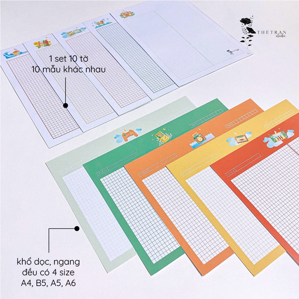 bộ 10 tờ giấy ghi chép kẻ caro - A4, B5, A5, A6 - dọc, ngang retro / retro notepad / thetranstudio