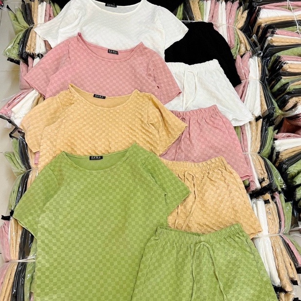 Set đồ nữ, áo cổ tròn tay lửng, quần short ống rộng chất vải xốp dày dặn - Tuệ Nhiên