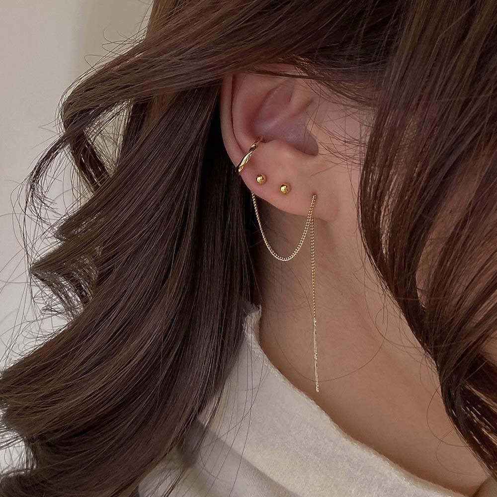 Khuyên Tai Dạng Kẹp Phối Tua Rua Đơn Giản Phong Cách Hàn Quốc