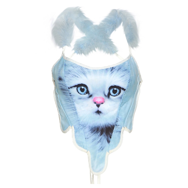 Áo Crop Top Hai Dây Phối Lông In Hình Mèo Gợi Cảm Cho Nữ