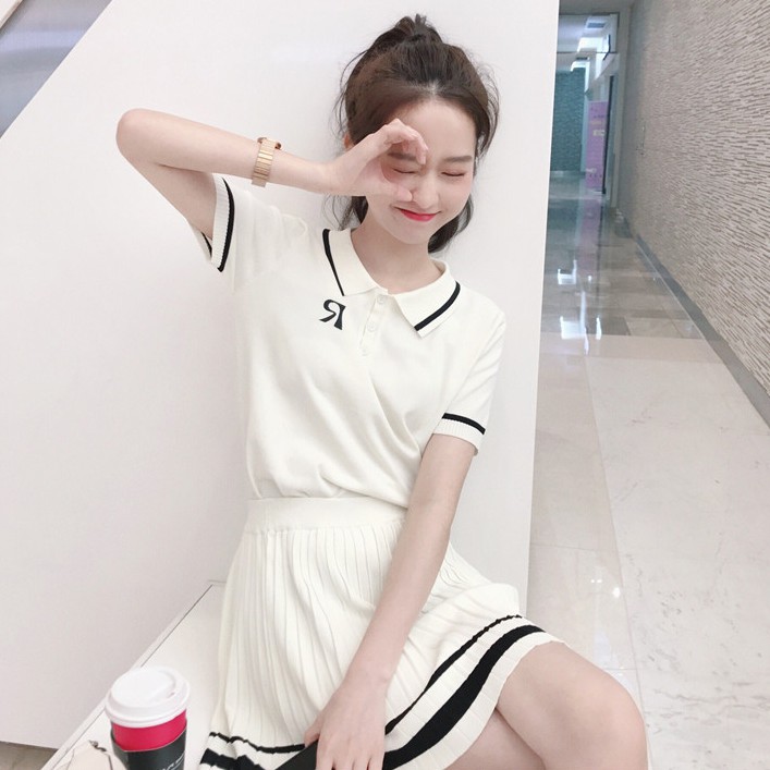 Set Trang Phục Xiaozhainv Áo Thun Cổ Bẻ Tay Ngắn + Chân Váy Chữ A Cạp Cao Đon Giản Thời Trang Cho Nữ | BigBuy360 - bigbuy360.vn