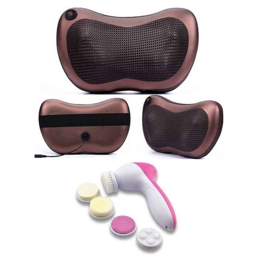 Gối mát-xa hồng ngoại Massage (Nâu) + tặng Máy mát xa mặt 3 trong 1 ( Hồng)