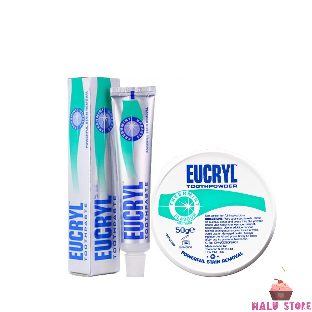 Combo Kem đánh răng Eucryl 62g + Bột tẩy trắng răng Eucryl 50g Siêu trắng sáng - UK