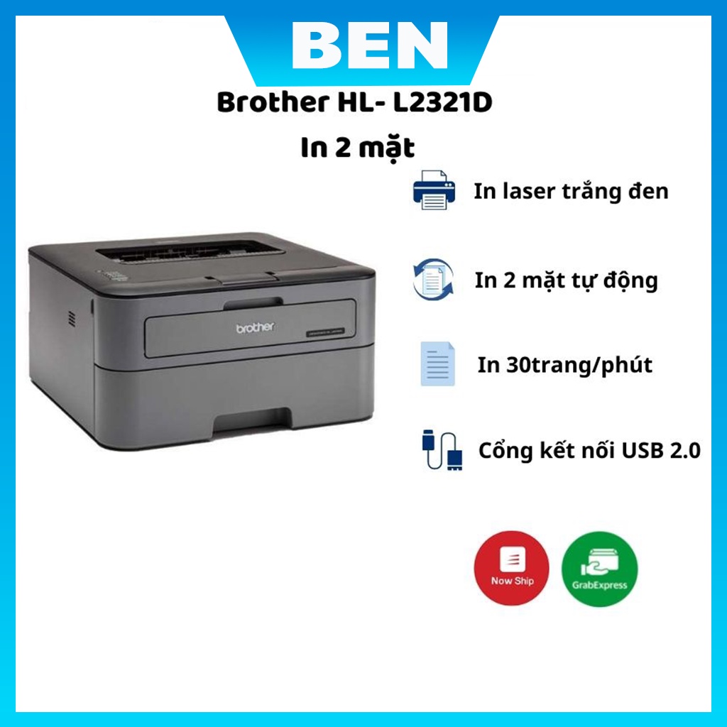 Máy in 2 mặt Brother HL- L2321D in laser đen trắng đơn năng tự đảo mặt - BH 24T chính hãng