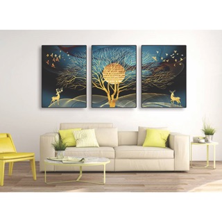 Bộ 3 tranh canvas hươu và trăng 50 x 70 - khung viền đen SR161