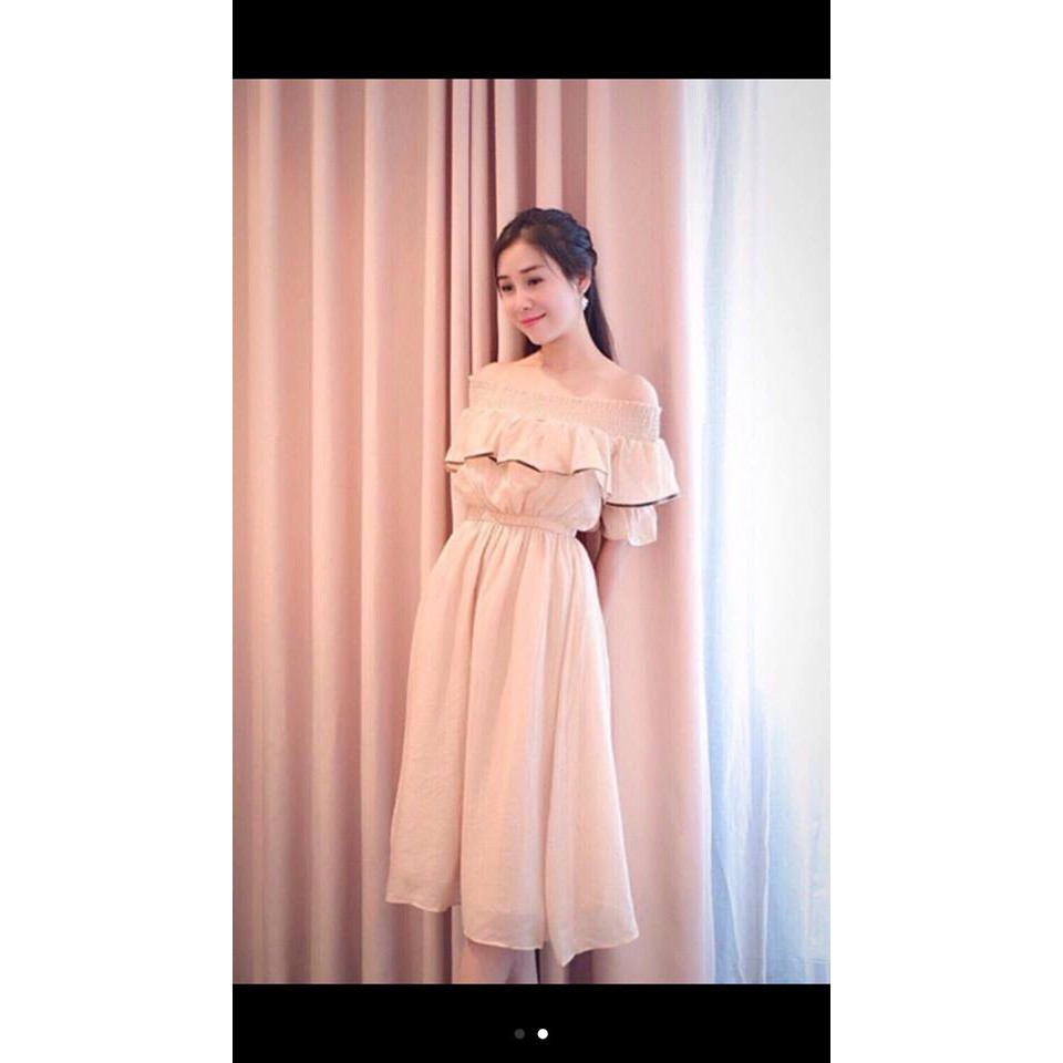 Đầm Xoè Trễ Vai Bèo Viền Siêu Iu 🎀(1MÀU) 🆕- Kèm Hình Chụp Thật Sp
