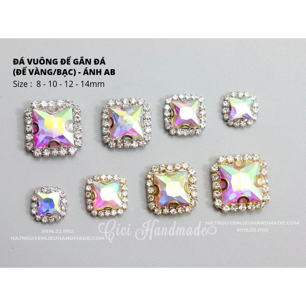 Hạt đá vuông đế vàng/đế bạc viền đá trắng size 10mm Handmade hạt cườm hạt đá trang trí nguyên liệu tự làm