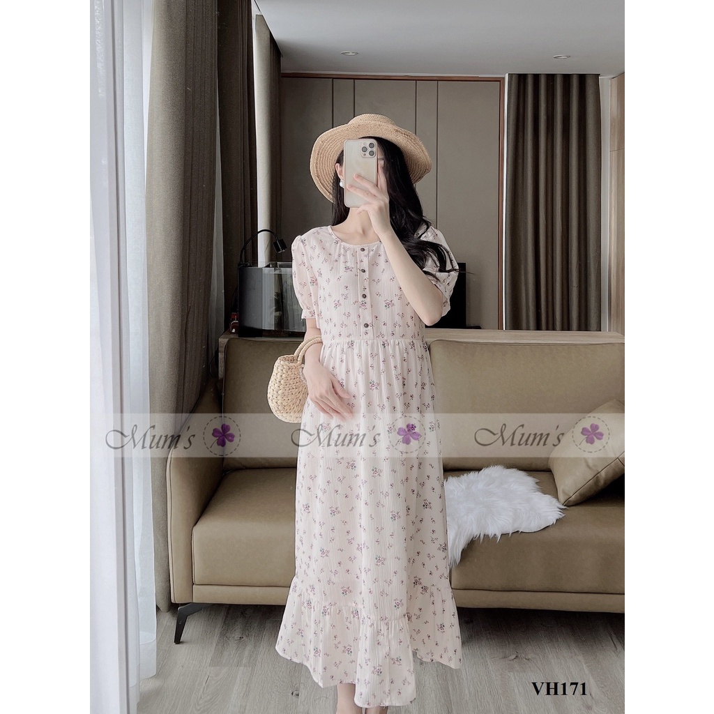ĐẦM BẦU CÔNG SỞ MUM'S SHOP  FREESHIP  Váy bầu xinh mùa hè tăm kem hoa nhí cổ tròn