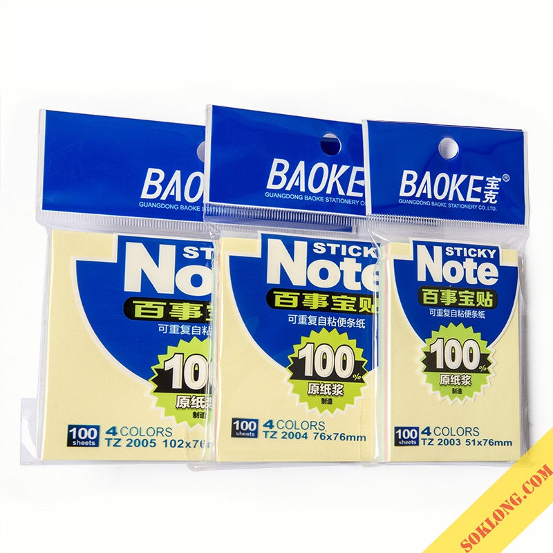 Tập 100 tờ note ghi chú 4 màu pastel Baoke, giấy trang trí màu trơn NO09