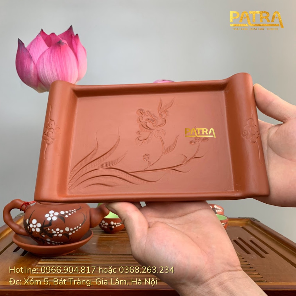 Bộ ấm chén uống trà cao cấp , bộ ấm trà Bát Tràng - trường sa mai trắng khay vuông