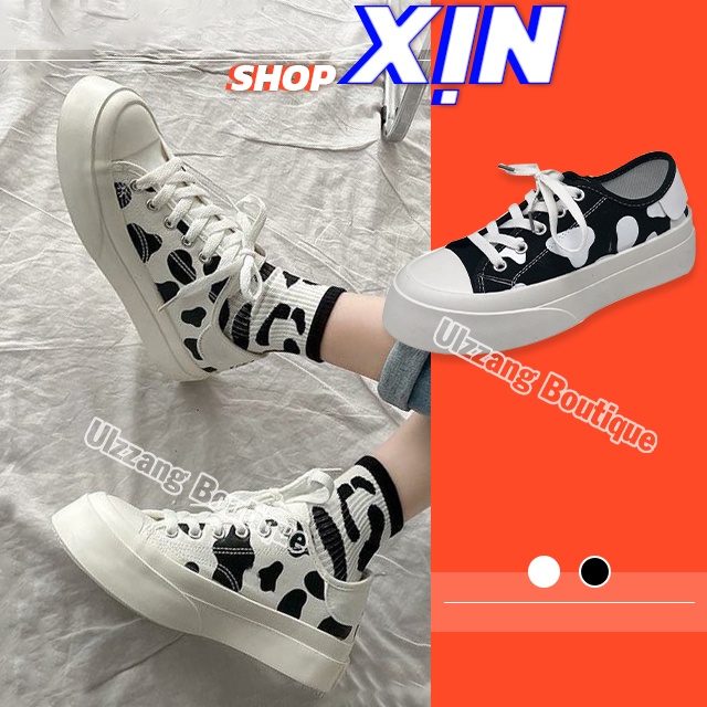 Giày thể thao nữ Ulzzang bò sữa đế bánh mì bata đen trắng độn đế vải canvas vintage conver cute