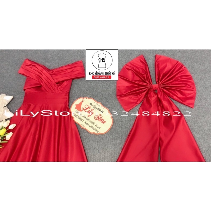 ĐẦM CƯỚI BẸT VAI XẾP LY KÈM NƠ LƯNG ĐUÔI THƯỚT THA fullsize S/M/L/XL ( trắng và đỏ ) viideo và ảnh do chủ tự quay 10000%