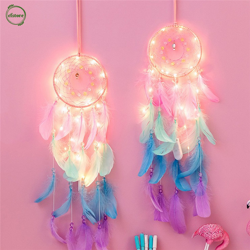 Dreamcatcher treo tường gắn lông vũ có đèn led trang trí nhà cửa