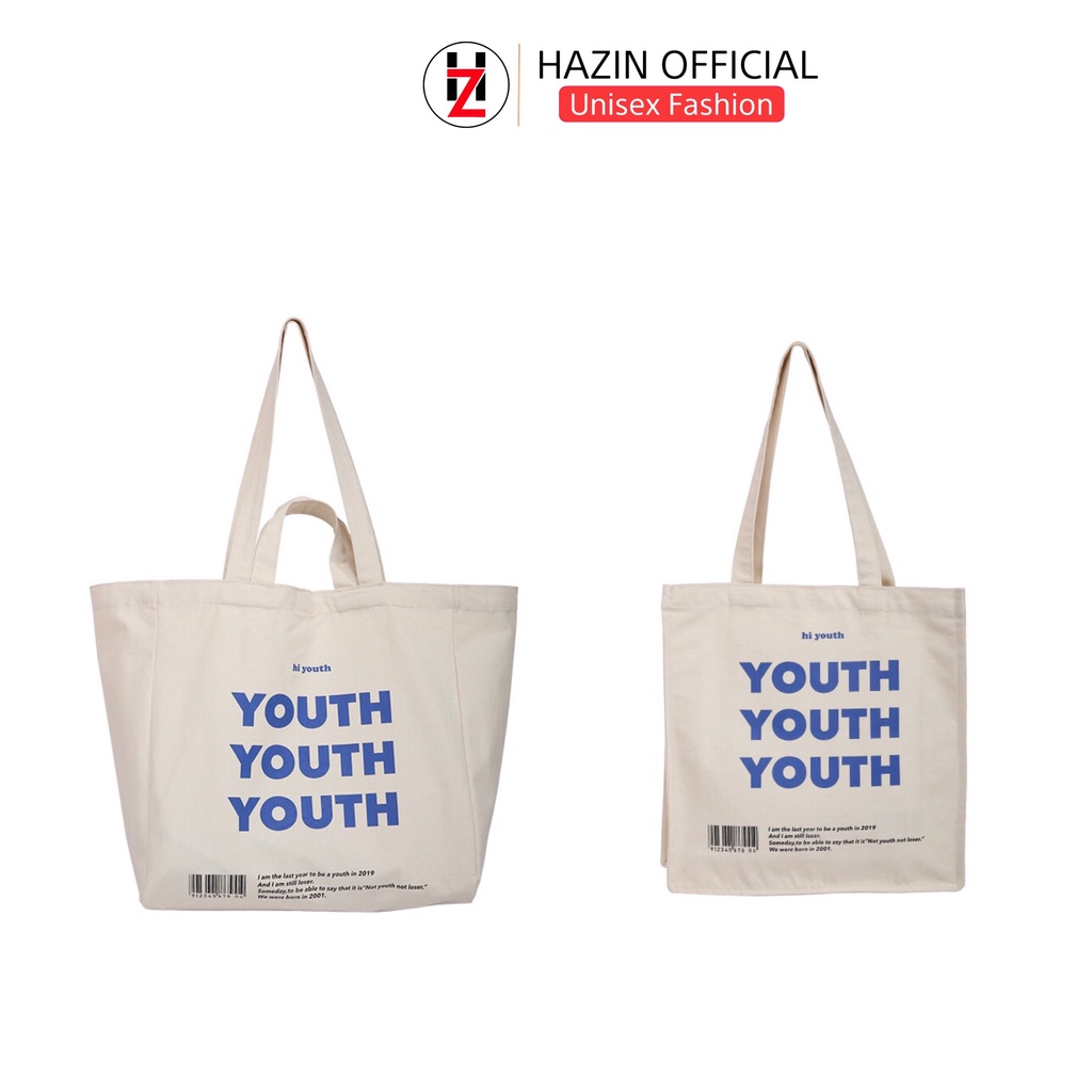 Túi tote HAZIN size lớn vải canvas ulzzang unisex in chữ Youth Youth có khoá miệng ngăn phụ đi học đi làm vừa khổ a4