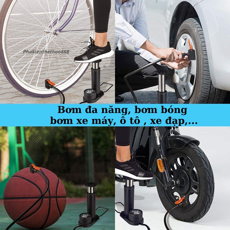 Bơm Xe Đạp Mini Đạp Chân, Bơm Xe Máy Áp Suất Cao 160psi Chắc Chắn Dễ Sử Dụng Tặng Kèm Kim Bơm