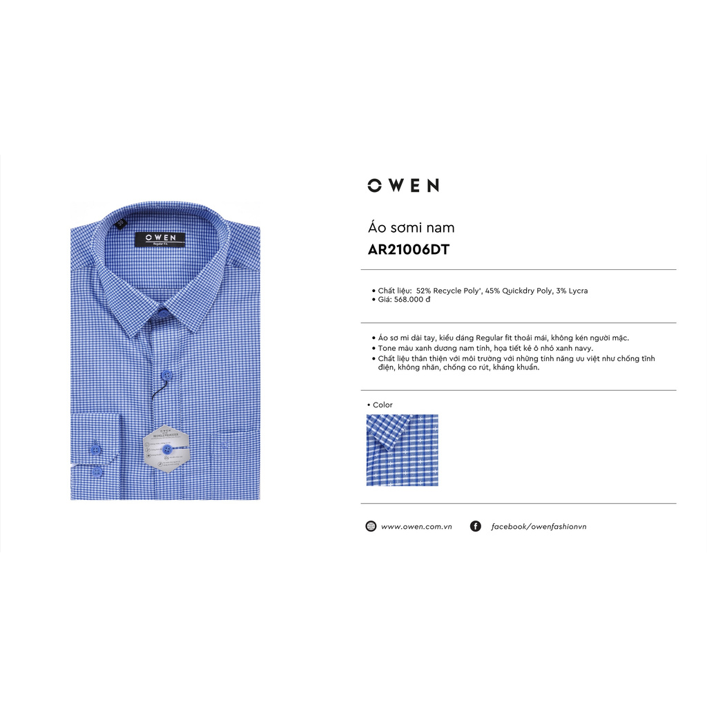 Áo Sơ Mi Nam Tay Dài Owen AR21006DT Màu Kẻ Caro Xanh Navy Dáng Regular Fit Có Túi