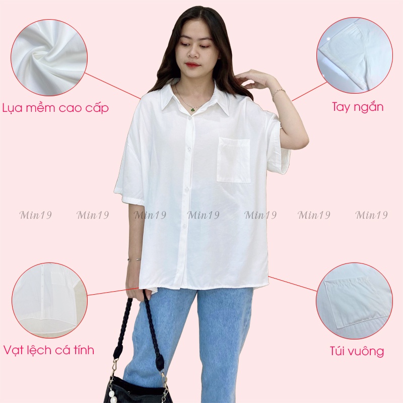 Áo Sơ Mi Nữ Form Rộng MIN19 Sơ Mi Kiểu Công Sở Hàn Quốc Oversize Tay Ngắn Vạt Lệch Màu Trắng Đen Thời Trang | BigBuy360 - bigbuy360.vn
