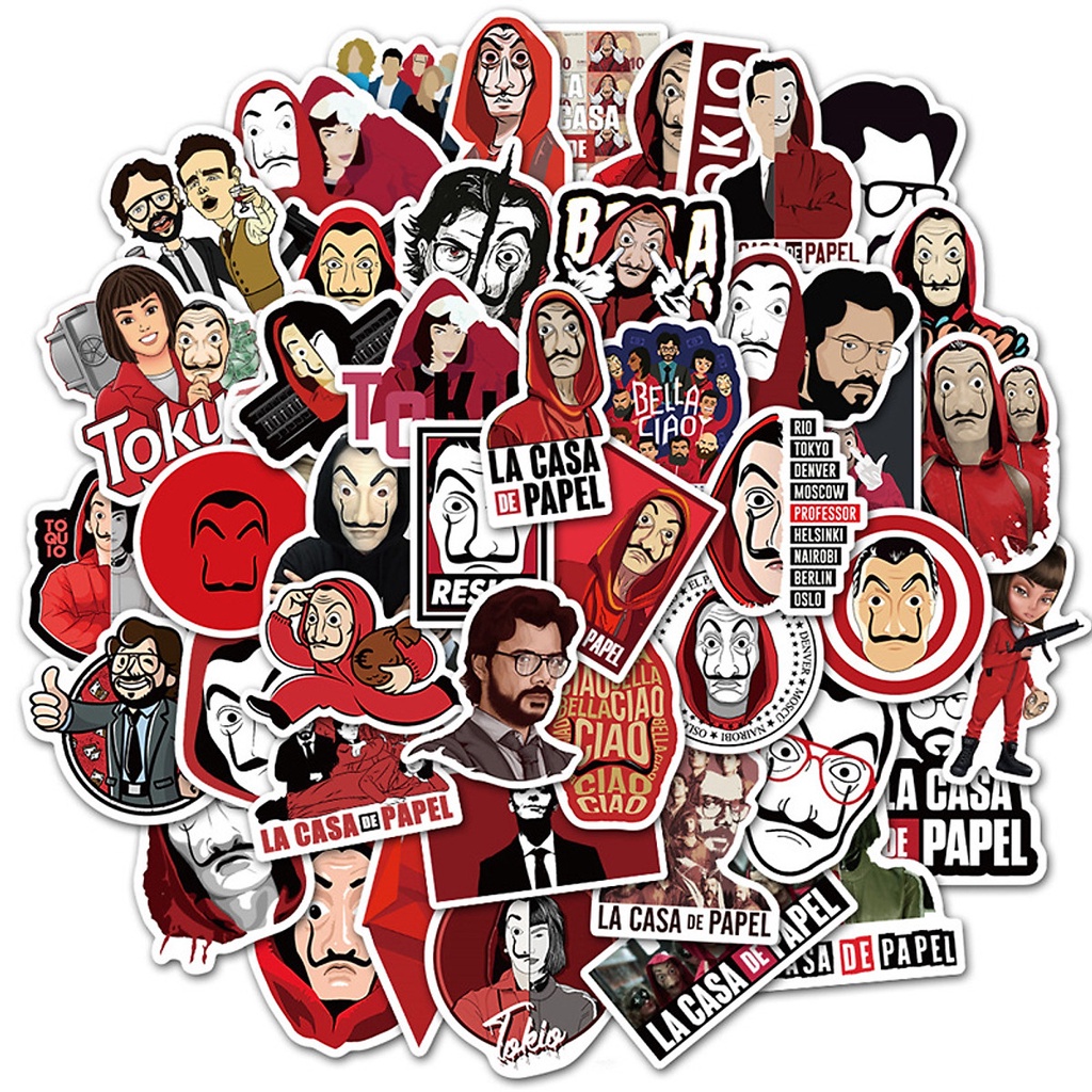 Bộ sticker chủ đề money heist mũ bảo hiểm, laptop, ván trượt, vali