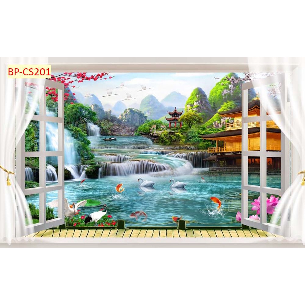 Tranh dán tường 3D khung cửa sổ thiên nhiên trong lành Vải Lụa 3D Cao Cấp