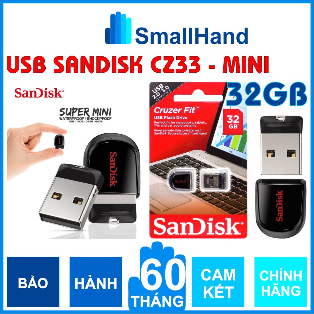 USB chịu nước – SanDisk 32GB Chính Hãng – Cruzer Fit CZ33 – USB Flash Diver – Bảo hành 5 năm – Siêu nhỏ