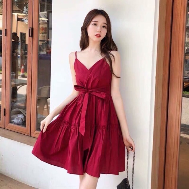 Đầm 2 dây xoè cột nơ eo, đầm tiểu thư babydoll 2 dây - A5U