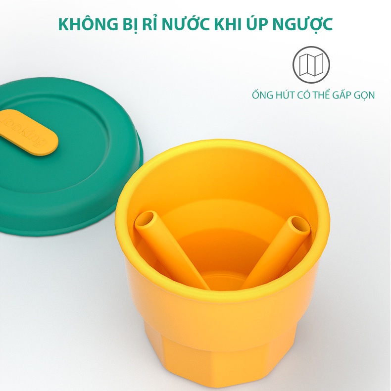 Cốc uống nước Misuta Silicon cao cấp an toàn cho bé 300ml, Tặng Kèm nắp và ống hút