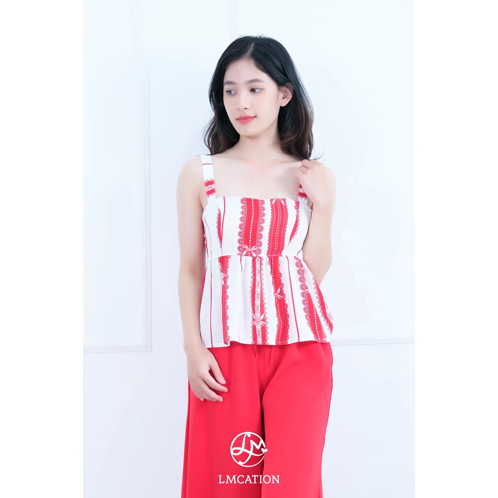 Đồ Bộ Mặc Nhà LMcation - Áo dây Clara màu sọc nơ đỏ &amp; Quần váy dài Mila màu đỏ