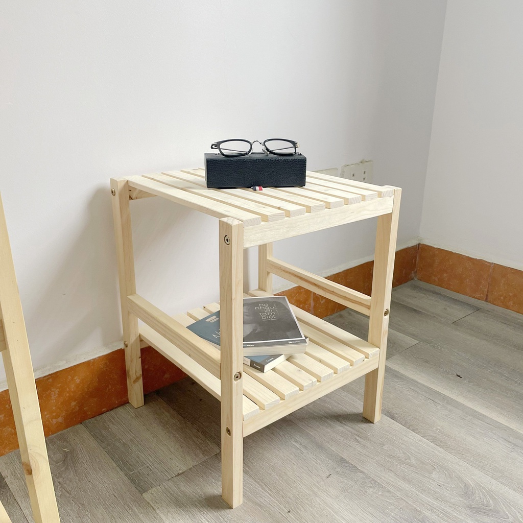 Kệ đầu giường ,tab gỗ 2 tầng gỗ thông -bàn trà decor mặt kính cường lực sang trọng