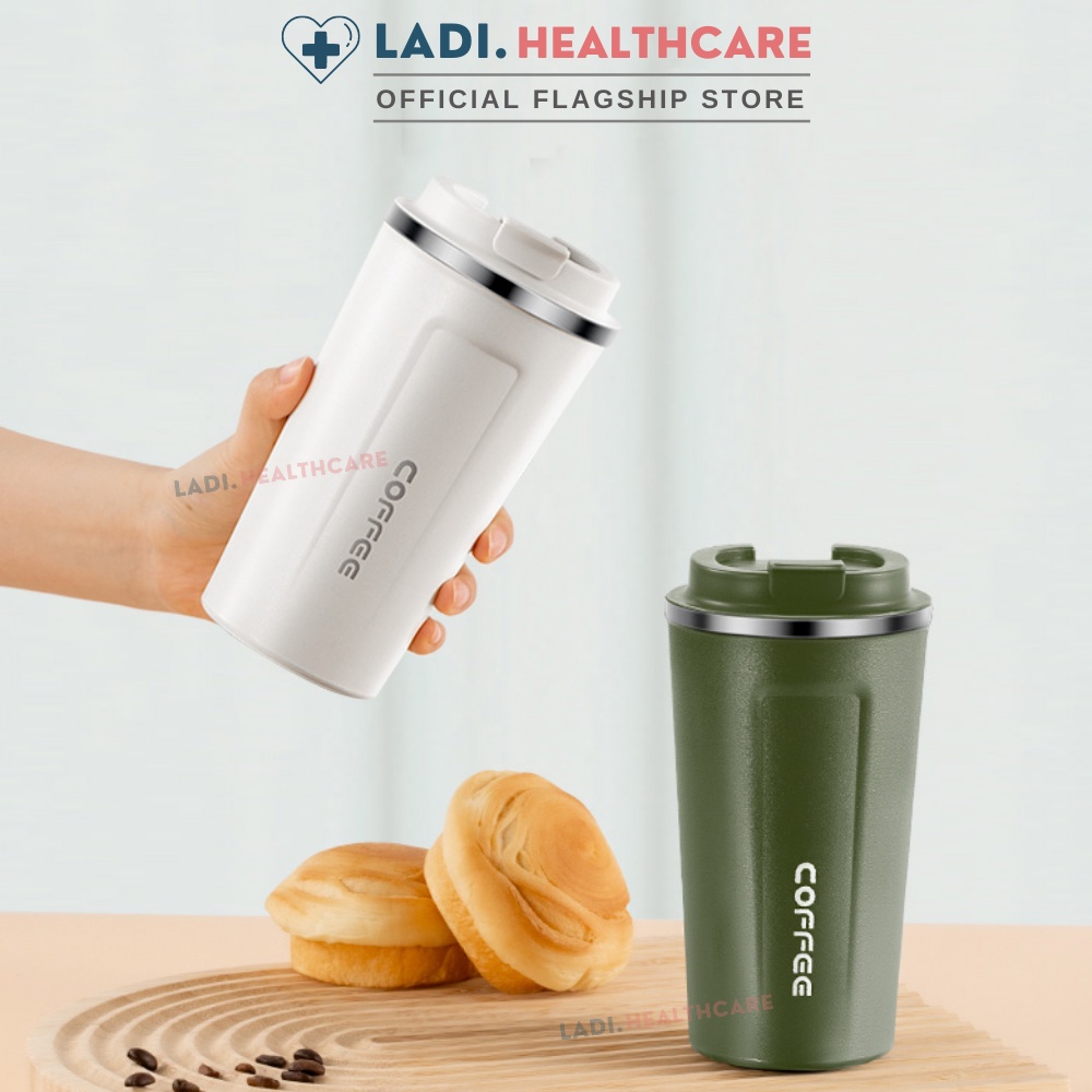 Cốc giữ nhiệt 510ml LADI ly coffee holic inox 304, bình giữ nhiệt 12h tặng Sticker trang trí