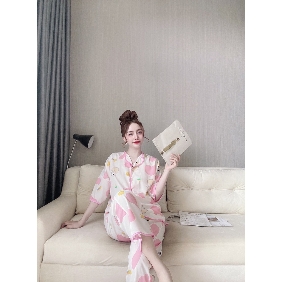 Bộ Ngủ MặC Nhà, Đồ Pijama Ngắn Tay Quần Dài Lượn Sóng Họa Tiết Bò Sữa Chất Lụa Mango Mềm Mịn, Form Dáng Rộng Rãi T | BigBuy360 - bigbuy360.vn