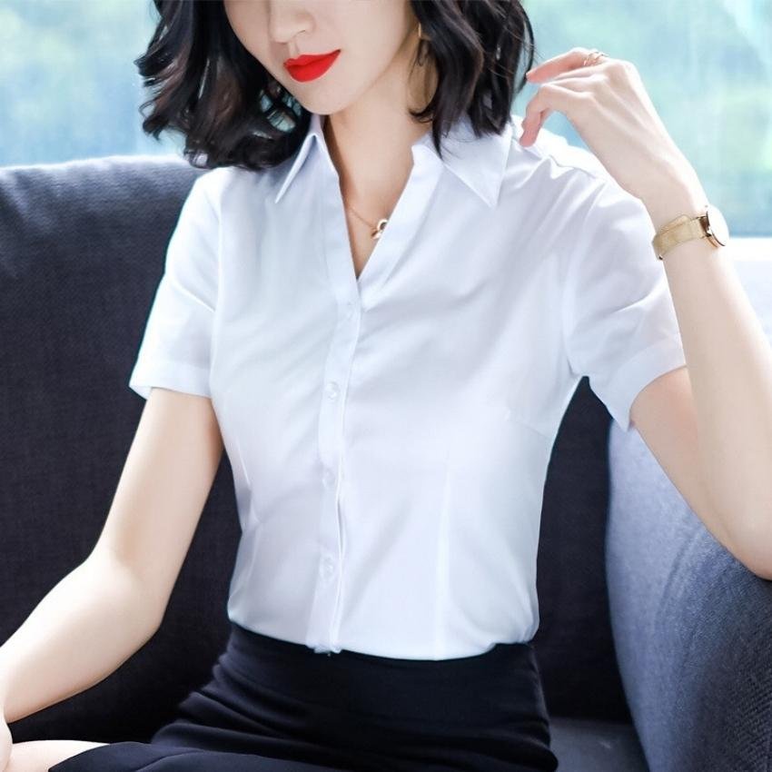 Áo Sơ Mi Nữ Tay Ngắn Phối Cổ Chữ V VC02 Thời Trang ERINA Chất Kate Mềm Mịn,Thoáng Mát